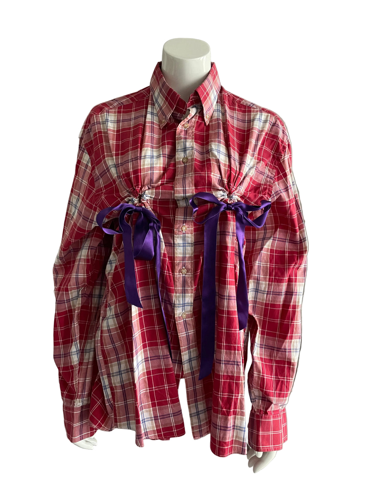 HULFE 2025 red tartan cotton shirt with violet satin bow