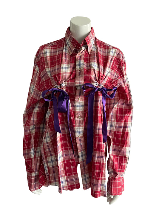 HULFE 2025 red tartan cotton shirt with violet satin bow