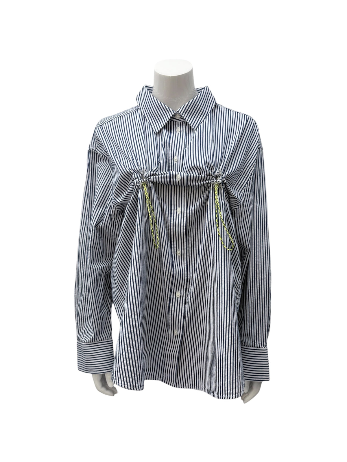 HULFE 2pm blue-and-white striped shirt with yellow nylon ribbon and metal clasp