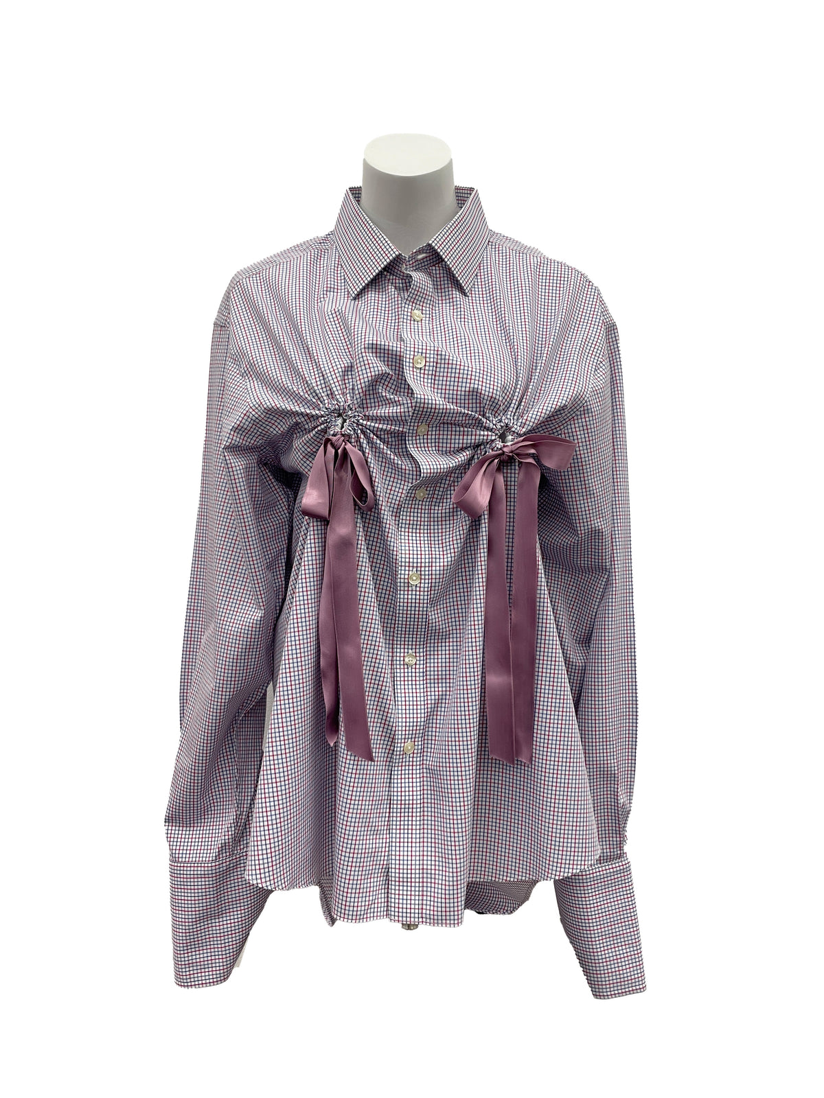 HULFE Cirrocumulus light blue and red checked cotton shirt with pink satin bows