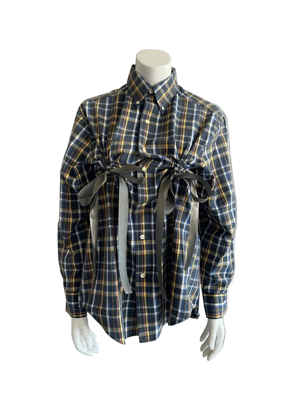 HULFE Cottage blue checked shirt with grey satin bow