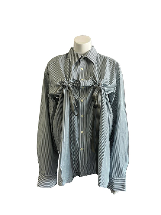 HULFE Eton green and white striped shirt with grey satin bow