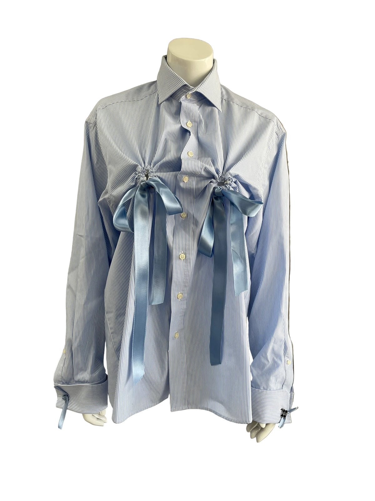 HULFE Harper light blue and white striped shirt with blue satin bows and cufflinks